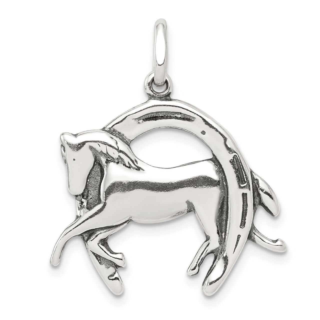 Sterling Silver Antiqued Horse in Horshoe Charm Pendant Jewerly 24mm x 24mm